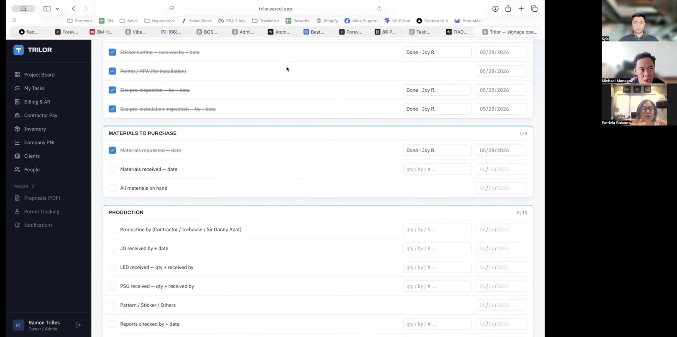 Live build session — the Trilor ops platform on screen-share with attendees on webcam