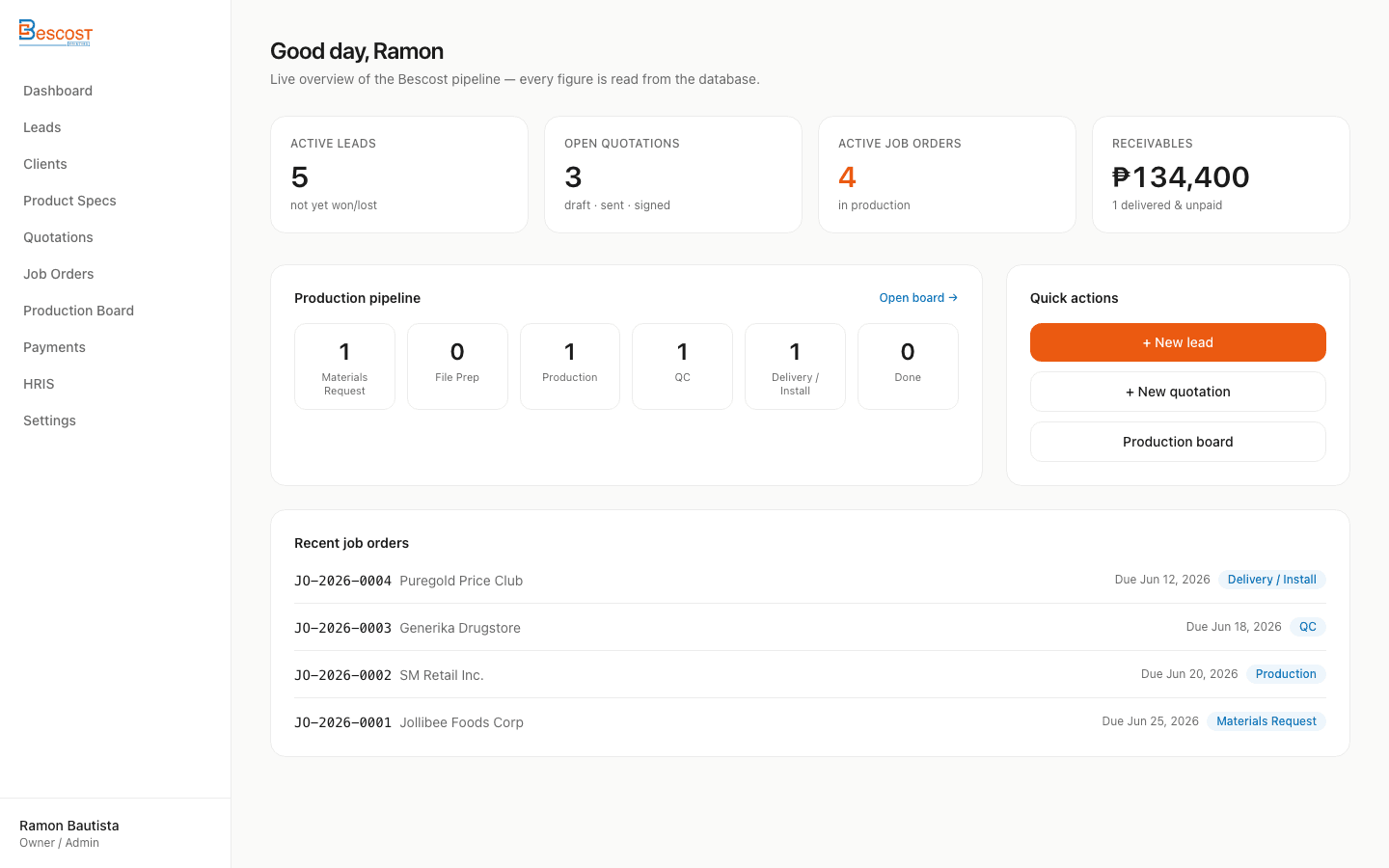 Bescost — Bescost Ops — signage CRM with hard gates and a spec engine